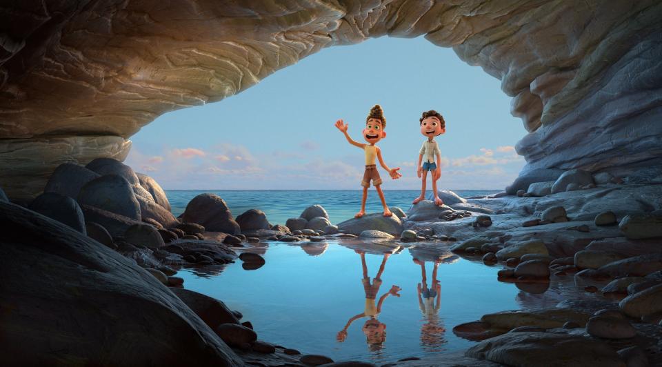 This image released by Disney shows characters Alberto, voiced by Jack Dylan Grazer, left, and Luca, voiced by Jacob Tremblay in a scene from the animated film "Luca." (Disney via AP)