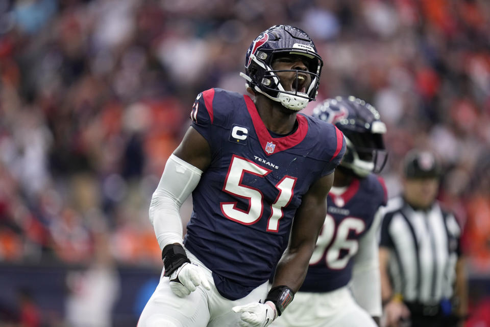 Houston Texans defensive end Will Anderson Jr. (51) celebrates after sacking Denver Broncos quarterback Russell Wilson in the first half of an NFL football game Sunday, Dec. 3, 2023, in Houston. (AP Photo/Eric Christian Smith)