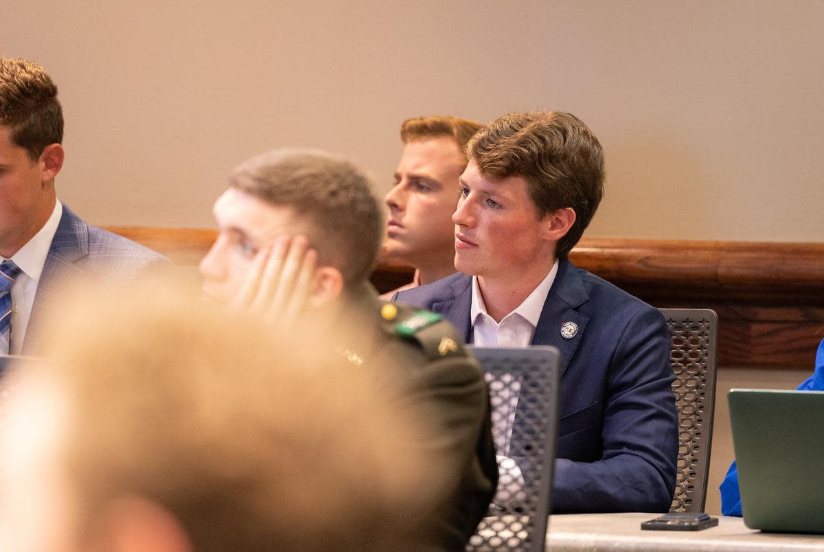 Senior Student Body President Hudson Kraus at a Texas A&M Student Senate meeting in College Station on Wednesday, Sept. 13, 2023.