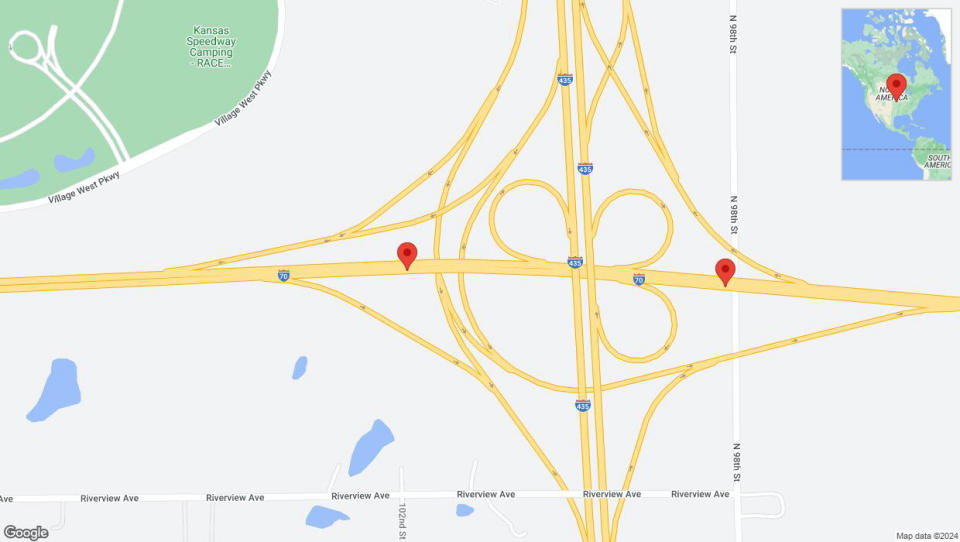 A detailed map showing the road affected due to 'I-70 Lane Closed in Edwardsville' on June 17 at 11 p.m.