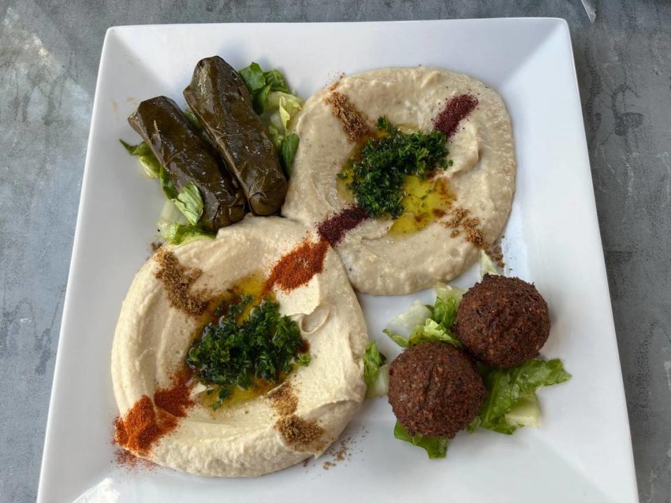 Jasmine Grill opened April 12, 2024,​ at 10601 Centrum Pkwy. in Pineville with appetizers like the veggie delight including hummus, baba ganoush, grape leaves and falafel. Heidi Finley/hfinley@charlotteobserver.com