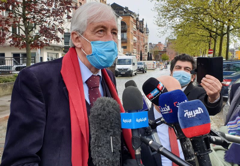 Lawyer Georges-Henri Beauthier, representing The National Council Of Resistance Of Iran (NCRI), speaks to the media outside a court building in Antwerp