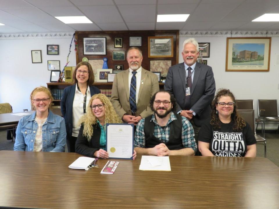 Wayne County Commissioners have regularly supported VIP, issuing proclamations whether they be Domestic Violence Awareness Month in October, or Sexual Assault Awareness Month in April. VIP staff were present for the latter on April 23. Seated from left are Ericka Thaxton, Michele Minor Wolf, Dave Mazzenga and Debbie Cosentino. In back are Commissioners Jocelyn Cramer, Brian Smith and James Shook.