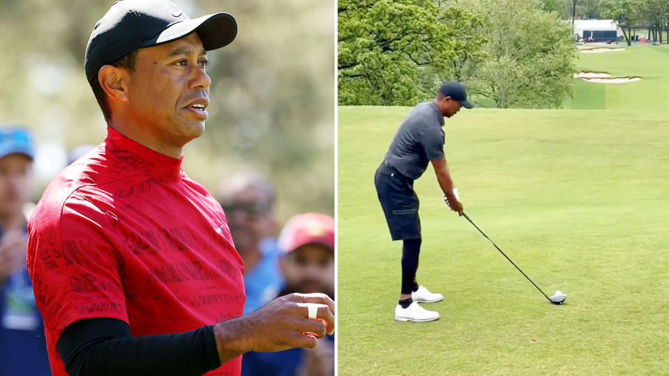 Tiger Woods had a practice round at Southern Hills ahead of the PGA Championship. Image: Getty/Twitter