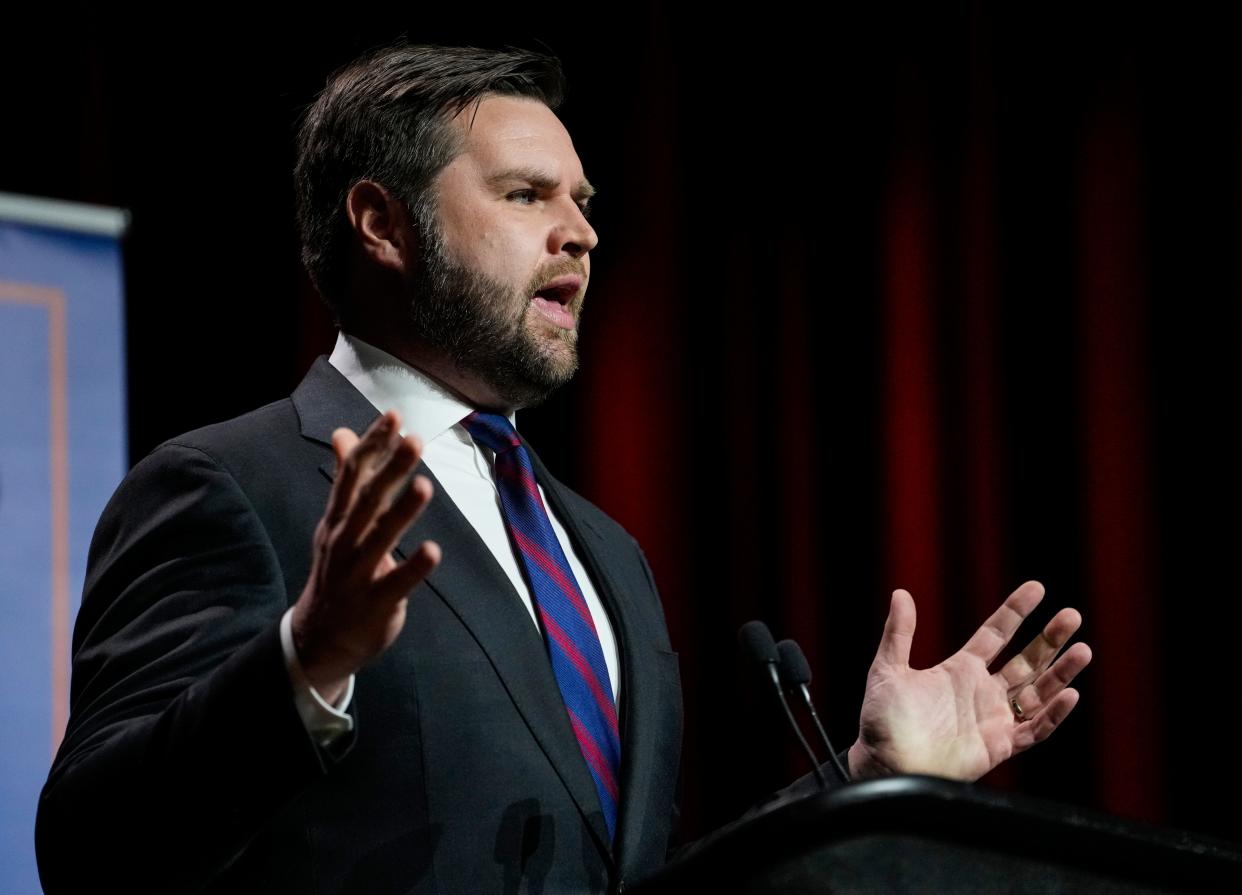 U.S. Senate candidate J.D. Vance delivers a response during a GOP primary debate at Central State University on March 28.