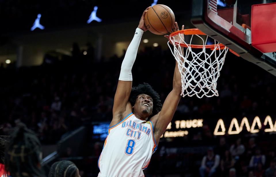 Thunder forward Jalen Williams dunks against the Trail Blazers during the first half of a 118-112 win Sunday night in Portland, Ore.