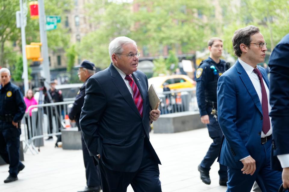 United States Senator, Bob Menendez walks towards the Daniel Patrick Moynihan U.S. Courthouse where he will be on trial for bribery and corruption charges. The jury selection for the trial is expected to start today, Monday, May 13, 2024.