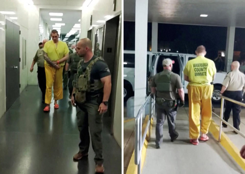 Casey White is escorted out of the Lauderdale County Courthouse in Florence, Ala., on Tuesday night. (Lauderdale County Sheriff's Department/Handout via Reuters)

