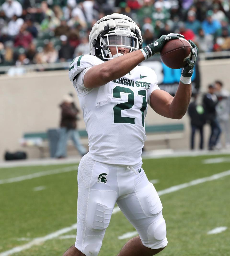 Michigan State defensive back Dillon Tatum goes through drills during the spring practice on Saturday, April 16, 2022, at Spartan Stadium.