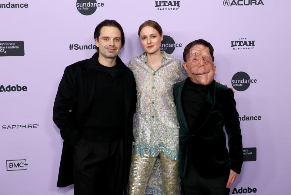 PARK CITY, UTAH - JANUARY 21: (L-R) Sebastian Stan, Renate Reinsve and Adam Pearson attend the "A Different Man" Premiere during the 2024 Sundance Film Festival at Eccles Center Theatre on January 21, 2024 in Park City, Utah. (Photo by Matt Winkelmeyer/Getty Images)