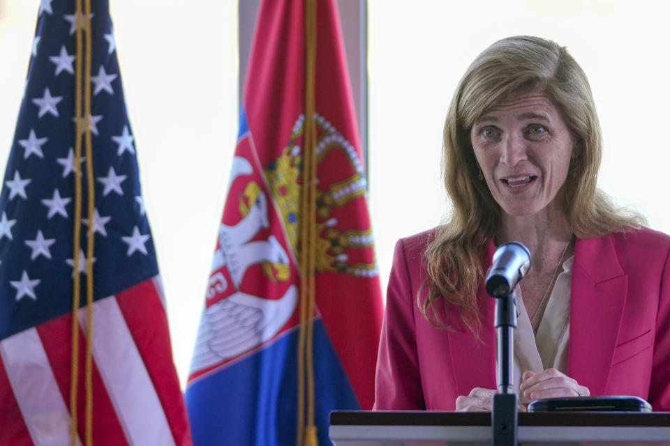 U.S. Agency for International Development (USAID) Administrator Samantha Power addresses the media after talks with Serbia's top officials in Belgrade, Serbia, Wednesday, May 10, 2023. Power arrived in Belgrade for the start of a week long visit to Serbia and Kosovo. (AP Photo/Darko Vojinovic)