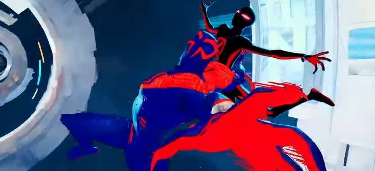Miguel throwing Miles to the ground while in midair in Nueva York in "Spider-Man: Across the Spider-Verse (Part One)"