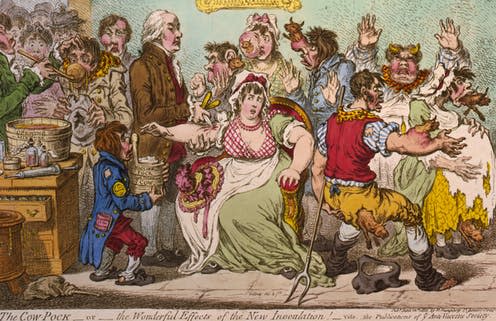 <span class="caption">The Cow-Pock - or the Wonderful Effects of the New Inoculation! (1802) by James Gillray.</span> <span class="attribution"><a class="link " href="https://en.wikipedia.org/wiki/James_Gillray#/media/File:The_cow_pock.jpg" rel="nofollow noopener" target="_blank" data-ylk="slk:wikipedia;elm:context_link;itc:0;sec:content-canvas">wikipedia</a></span>