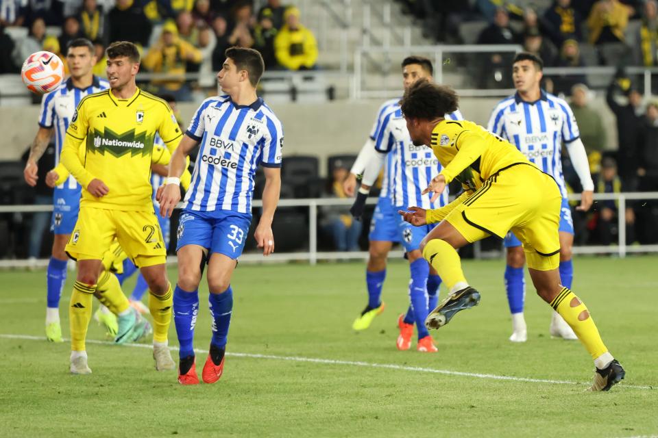 Crew forward Jacen Russell-Rowe (19) scores off a header against CF Monterrey. It was Russell-Rowe's first goal in CONCACAF Champions Cup play.