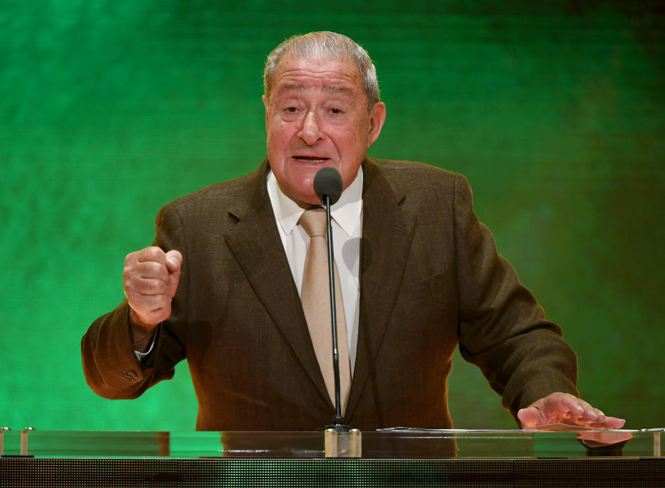 LAS VEGAS, NEVADA - OCTOBER 11:  Top Rank Founder and CEO Bob Arum speaks at a WWE news conference at T-Mobile Arena on October 11, 2019 in Las Vegas, Nevada. It was announced that WWE wrestler Braun Strowman will face heavyweight boxer Tyson Fury and WWE champion Brock Lesnar will take on former UFC heavyweight champion Cain Velasquez at the WWE's Crown Jewel event at Fahd International Stadium in Riyadh, Saudi Arabia on October 31.  (Photo by Ethan Miller/Getty Images)