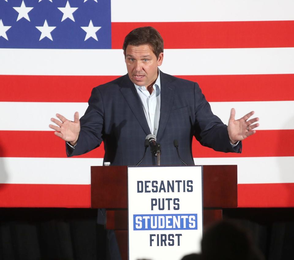 Florida Governor Ron DeSantis speaks to a crowd of 500 to 1,000 supporters at the Sahib Shriner Event Center as part of his Education Agenda Tour across the state earlier this year.