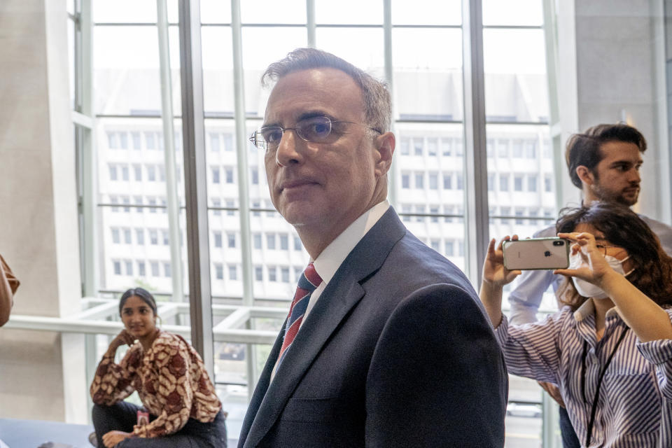 Pat Cipollone, the former White House counsel under President Donald Trump, arrives at an interview room in the Ford House Office Building after a break while answering questions from investigators with the Jan. 6 Select Committee, on Capitol Hill in Washington, Friday, July 8, 2022. (AP Photo/Gemunu Amarasinghe)