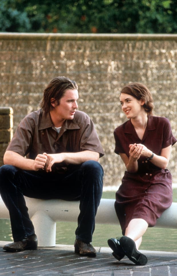 Ethan Hawke sits with Winona Ryder in a scene from the film "Reality Bites."<p><a href="https://www.gettyimages.com/detail/168582614" rel="nofollow noopener" target="_blank" data-ylk="slk:Universal Pictures/Getty Images;elm:context_link;itc:0;sec:content-canvas" class="link ">Universal Pictures/Getty Images</a></p>