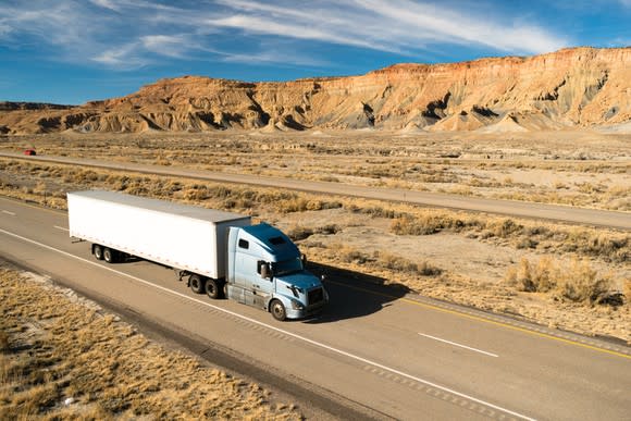 A semi truck in the desert.