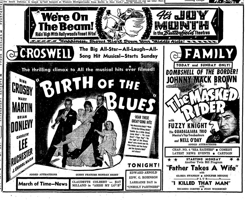 This advertisement from Dec. 6, 1941, announced entertainment for Sunday, Dec. 7. The features were among the last activities scheduled locally before the United States was pulled into World War II, following the Imperial Japanese Armed Forces attack on Pearl Harbor.