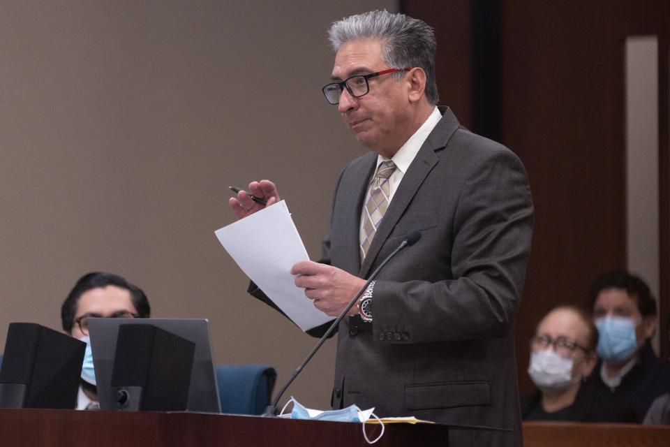 Defense lawyer Joseph D. Vasquez, representing Kinfolk MC member Manuel "Manny" Gallegos, speaks during trial closing statements on Jan. 18 at the El Paso County Courthouse.