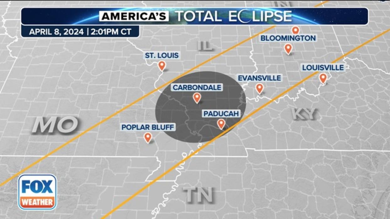 <div>Total solar eclipse path for Illinois on April 8, 2024. (FOX Weather)</div>