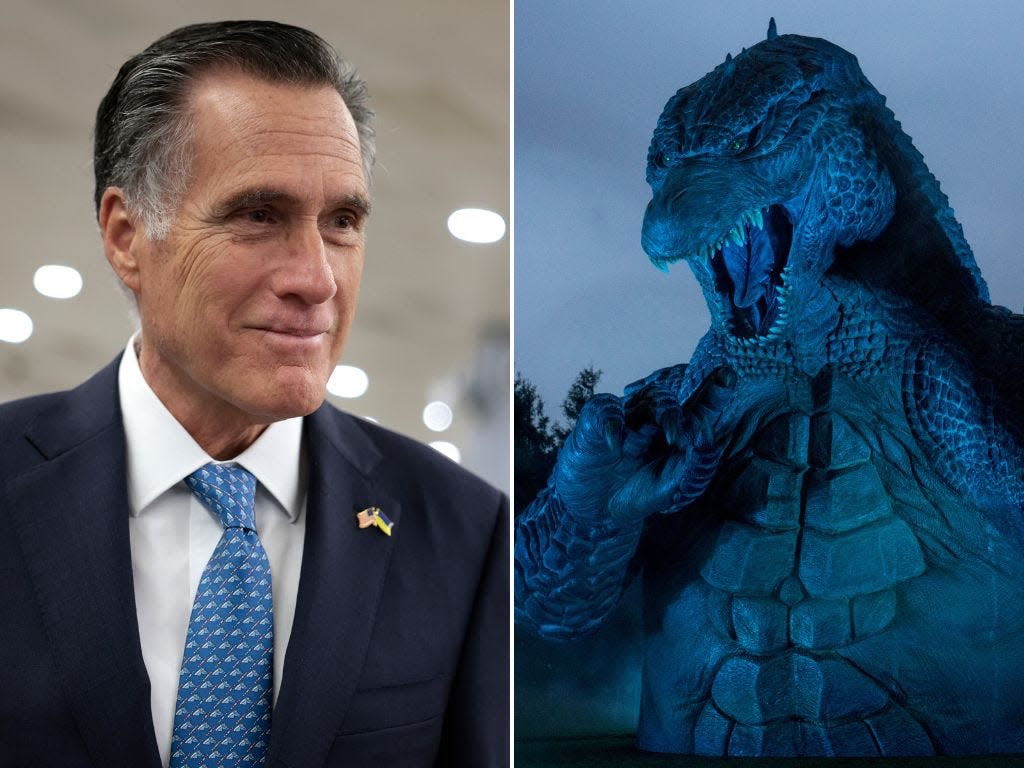 Mitt Romney (left) and a replica Godzilla at Tokyo Midtown (right).