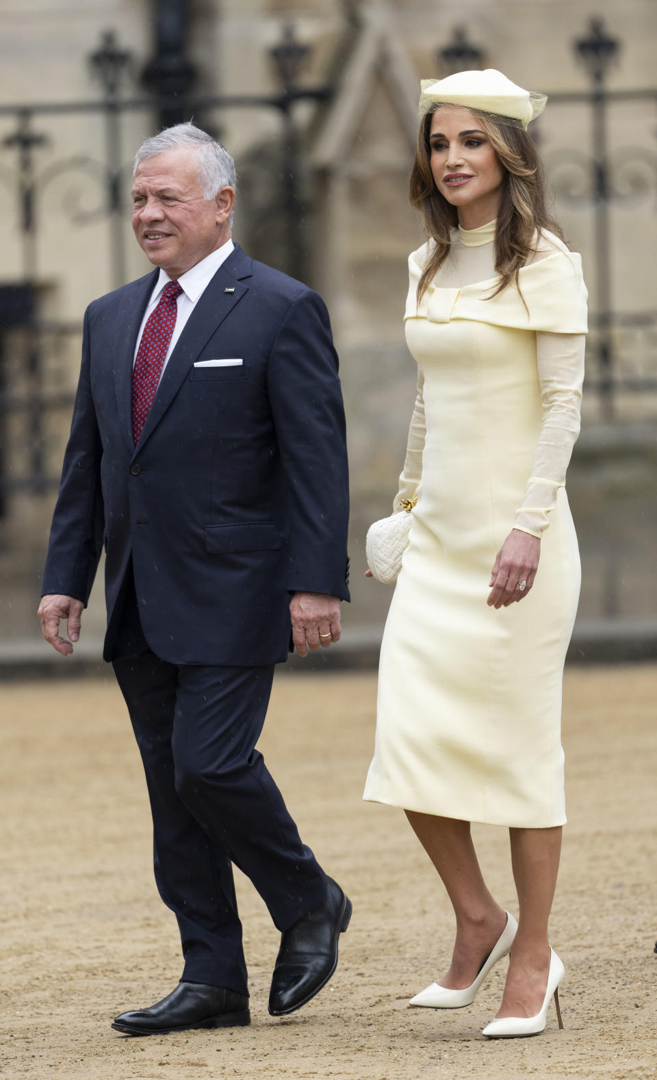 King Abdullah II of Jordan and Queen Rania of Jordan arrive at Westminster Abbey for the Coronation of King Charles III and Queen Camilla on May 6, 2023 in London, England.