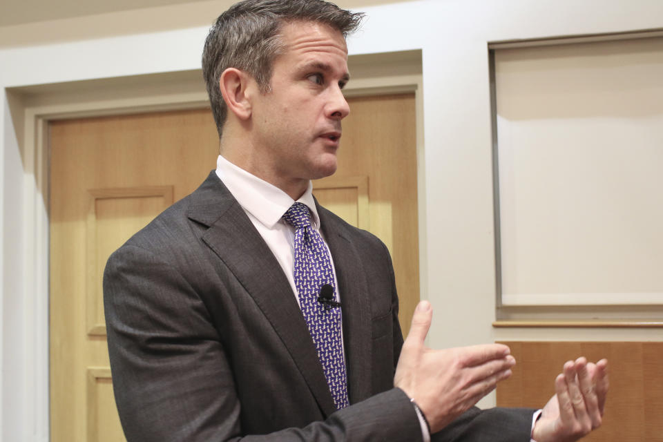 Rep. Adam Kinzinger R-Ill., speaks to reporters after attending an event Thursday, Oct. 3, 2019, in Chicago. They don't like the talk of impeachment, but there's a small and growing number of Republicans who want the Democratic-run House investigation of President Donald Trump to proceed. 'I want to know what happened," Rep. Adam Kinzinger, said Thursday. But he and some others, including moderates in tight reelection races, say Democrats went too far by starting an impeachment inquiry. (AP Photo/Noreen Nasir)