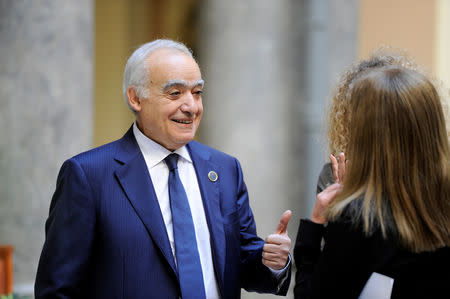 U.N. Envoy to Libya Ghassan Salame speaks to his staff after an interview with Reuters ahead of the first day of the international conference on Libya, in Palermo, Italy, November 12, 2018. REUTERS/Guglielmo Mangiapane