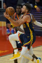 Golden State Warriors guard Stephen Curry shoots against the Minnesota Timberwolves during the first half of an NBA basketball game in San Francisco, Monday, Jan. 25, 2021. (AP Photo/Jeff Chiu)