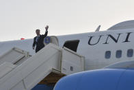 US Secretary of State Antony Blinken waves as he departs, at the Diori Hamani International Airport in Niamey, Niger, Friday, March 17, 2023. (Boureima Hama/Pool Photo via AP)