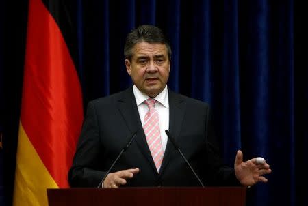 German Foreign Minister Sigmar Gabriel speaks during a joint news conference with Iraq's Kurdistan region's President Massoud Barzani (not pictured) in Erbil, Iraq April 20, 2017. REUTERS/Azad Lashkari