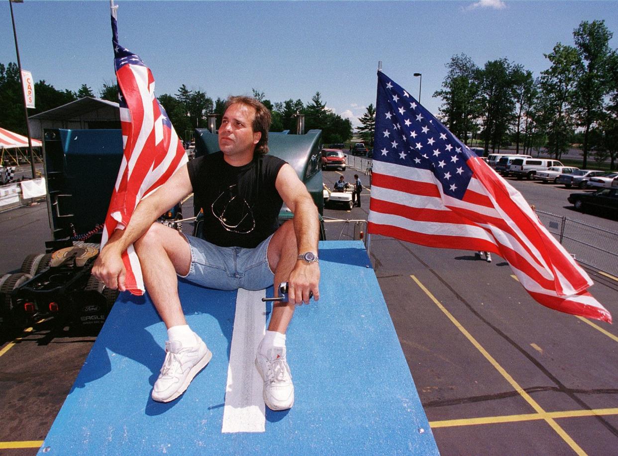 Kaptain Robbie Knievel sits atop the ramp he jumped off for a motorcycle stunt in 1998 outside Oneida Casino. Knievel died Friday at age 60.