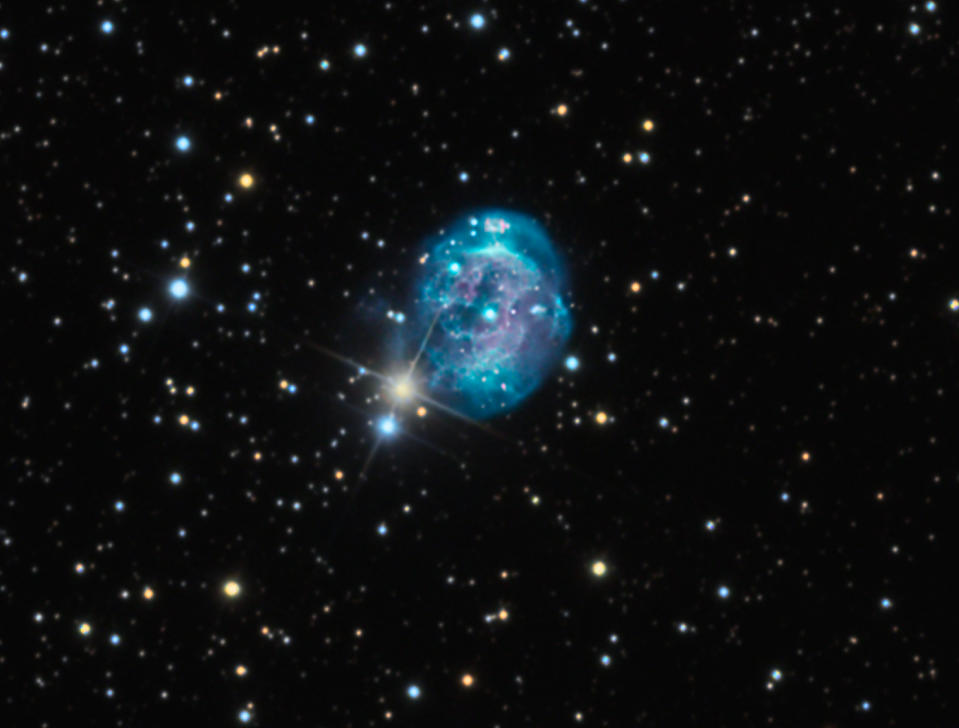 Planetary Nebula, NGC 7008, shines bright blue in this image. Skywatchers Bob and Janice Fera captured this image Aug. 8-11, 15-16, 2012 from Eagle Ridge Observatory, Foresthill, Ca.