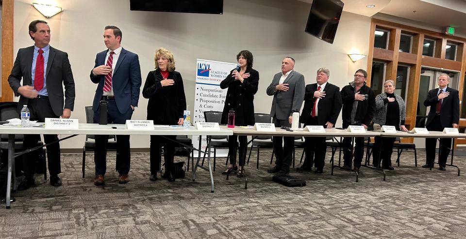 During the Jan. 31, 2024, League of Women Voters Shasta County Board of Supervisors candidates' forum, Laura Hobbs used a portion of her opening remarks to say the Pledge of Allegiance.