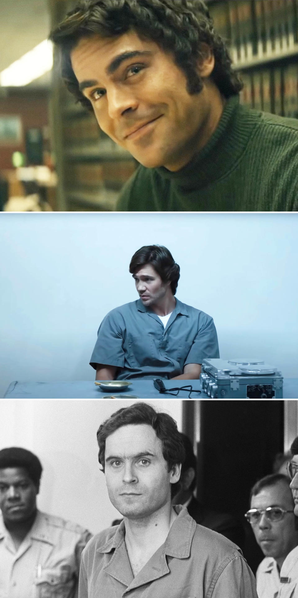 Side-by-sides of Zac Efron, Chad Michael Murray, and Ted Bundy