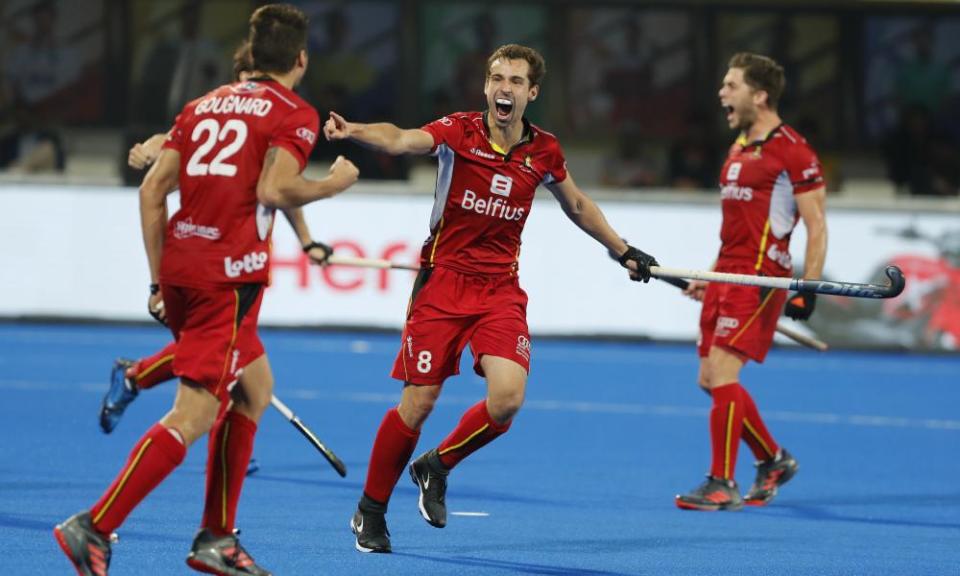 Florent van Aubel celebrates after Alexander Hendrickx’s first goal as Belgium routed England in the Men’s Hockey World Cup semi-final.