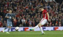 <p>Manchester United’s Ander Herrera scores a goal which is later disallowed </p>