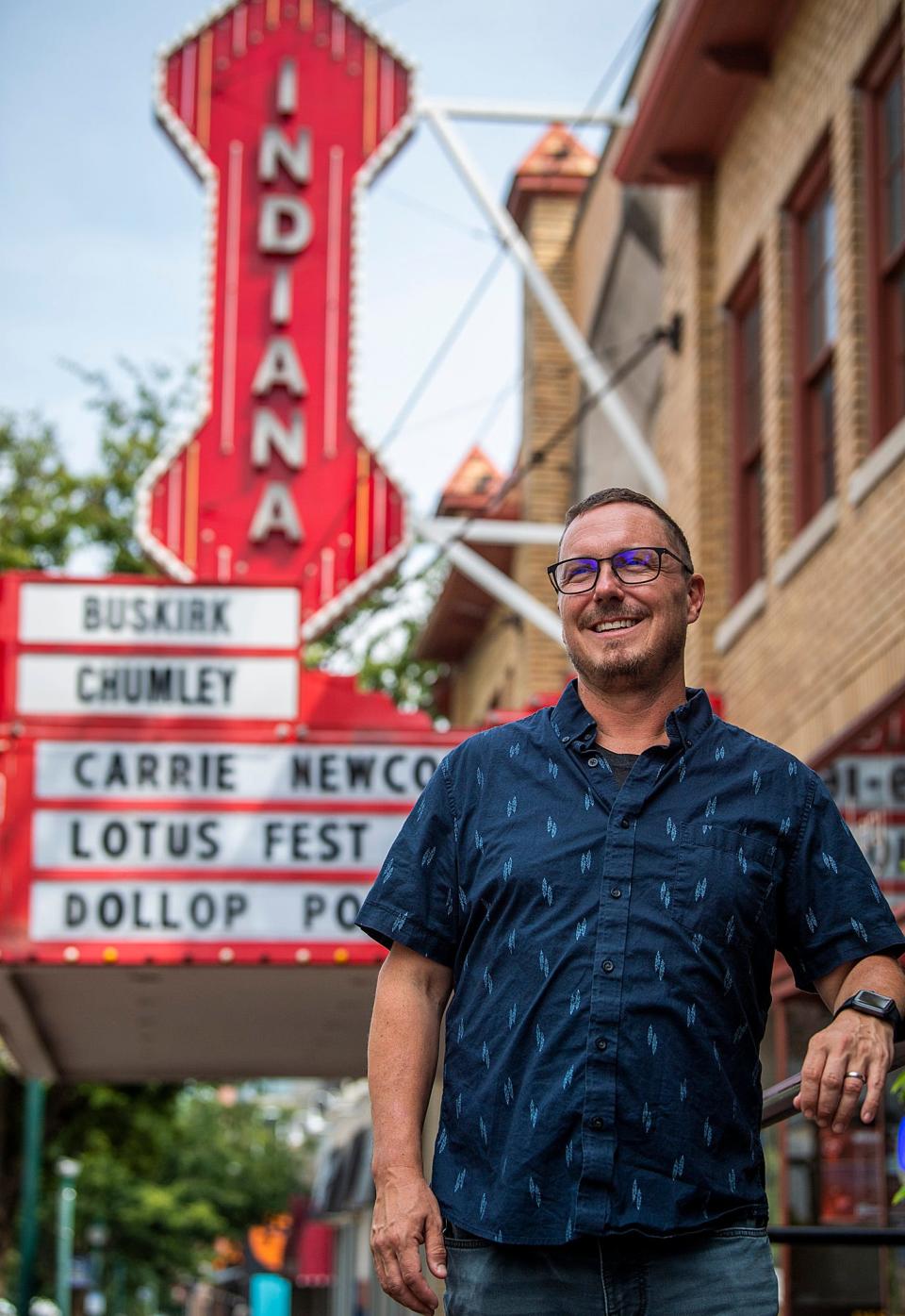 Director Steve Versaw poses outside the Buskirk-Chumley Theater on Wednesday, Aug. 23, 2023.