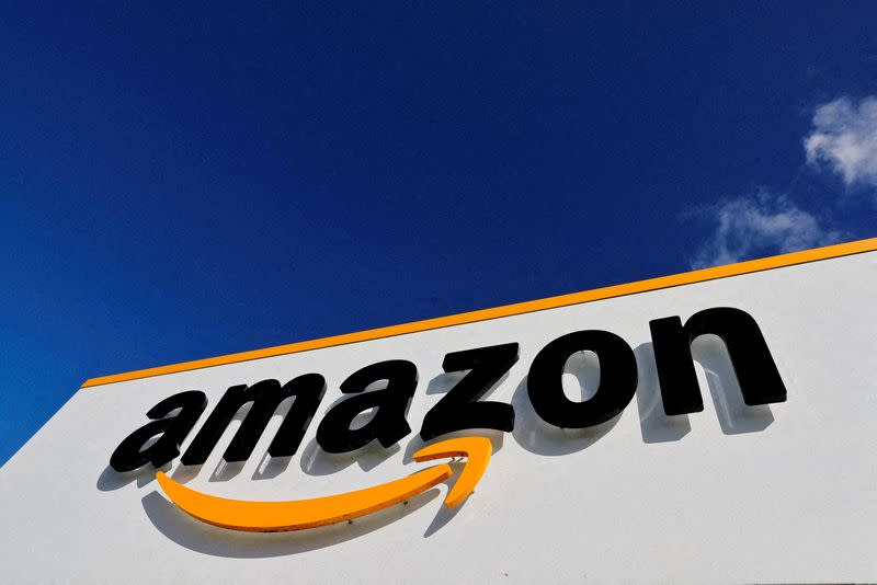 FILE PHOTO: The logo of Amazon is seen at the company's logistics centre in Boves