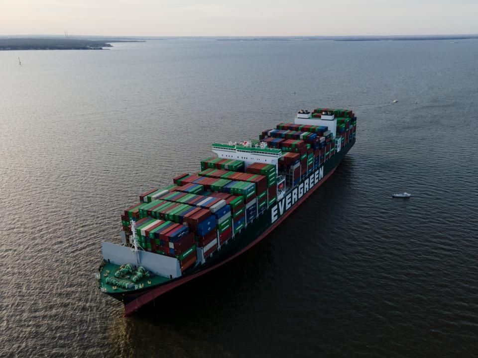 An aerial image of the Ever Forward, a ship stuck in Chesapeake Bay