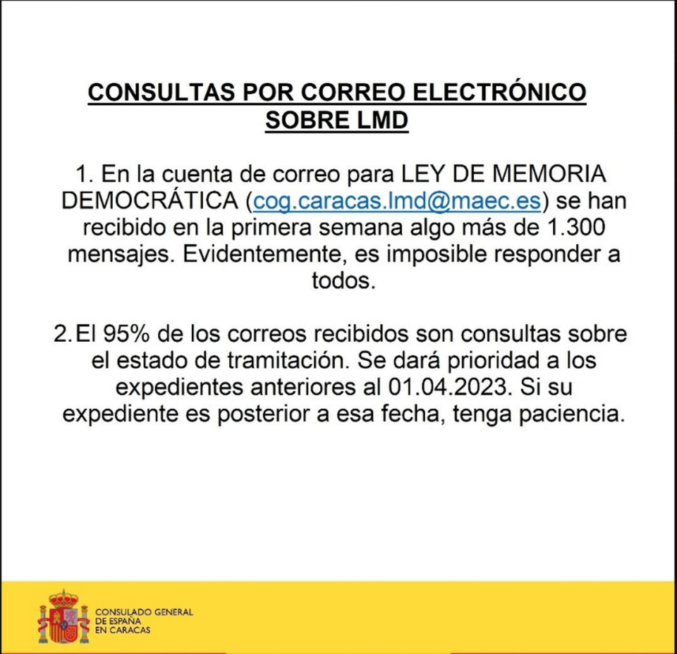 Comunicado del Consulado General de España en Caracas, Venezuela, para los solicitantes de la nacionalidad española por LMD o Ley de Nietos. Cortesía Consulado General de España en Caracas, Venezuela.