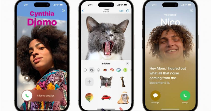 iOS 17加入「聯絡人海報」、全新貼圖、Live Voicemail等功能。（圖／Apple提供）