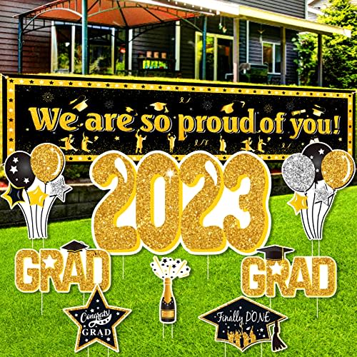 KMUYSL Large 2023 Graduation Yard Sign Decorations - 8Pcs Glitter Congrats Grad Yard Signs and Proud of You Banner Backdrop with Stakes for Outdoor, Lawn Party Decor (Glod)