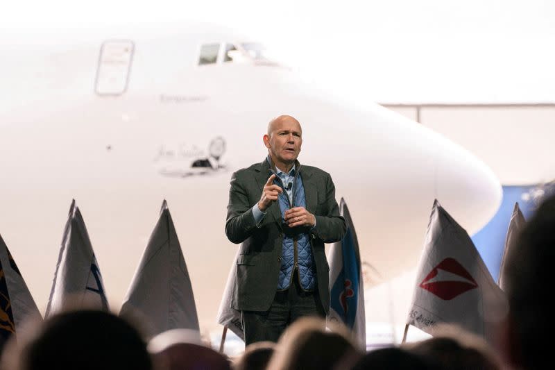 FILE PHOTO: Boeing employees and executives attend the delivery of the final 747 jet in Everett