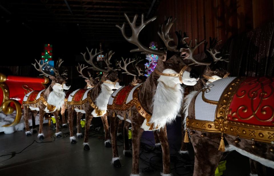 A row of animatronic reindeer ready with a sleigh are part of the holiday display at the Exeter home of Anthony and Helen Gemma.