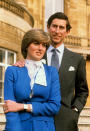 <p>Prince Charles proposed to Lady Diana Spencer on Feb. 3, 1981, with a now-famous ring with 14 solitaire diamonds surrounded by a 12-carat oval sapphire, set in 18-karat white gold. At the time, the ring reportedly cost around $36,800. Following the tragic death of Diana in 1997, her sons, Prince William and Prince Harry, chose to keep some of her most cherished possessions, including her engagement ring and a Cartier watch. Prince William proposed to Kate Middleton with his late mother’s engagement ring on Oct. 20, 2010. (Photo: PA) </p>