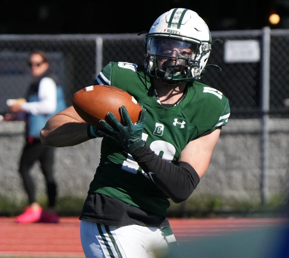 Austin Kivler of Delbarton makes this catch for a second half TD. Delbarton defeated Pope John 37-19 in a game played at Delbarton on October 8, 2022.