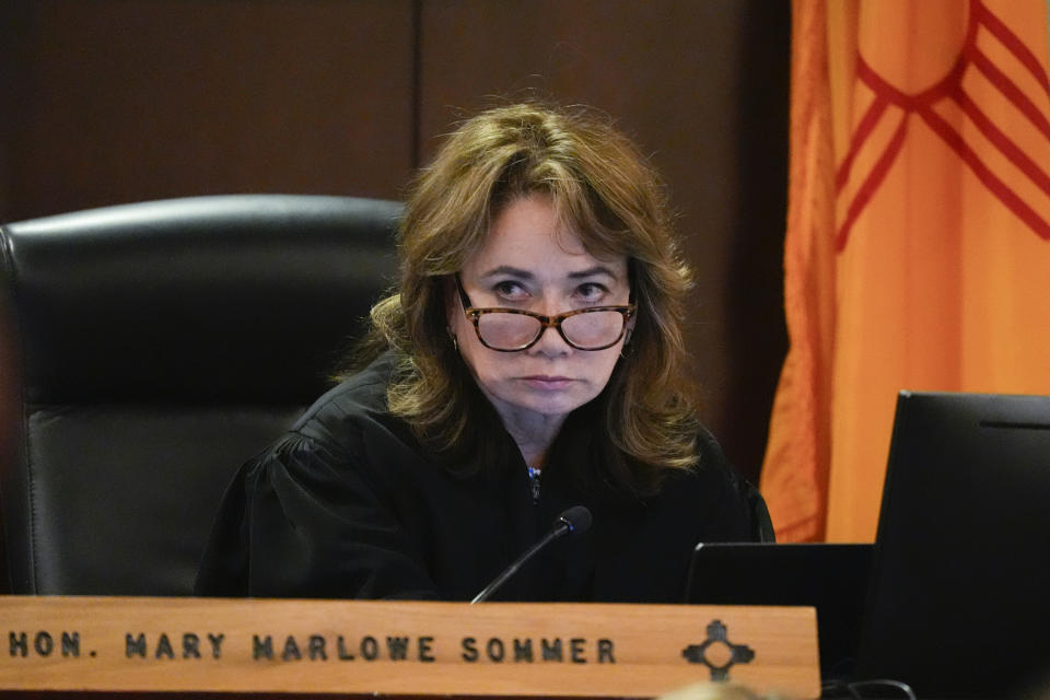 Judge Mary Marlowe Sommer listens during a preliminary hearing in Alec Baldwin's involuntary manslaughter trial over a fatal shooting on the set of the film, "Rust," in Santa Fe, N.M., Monday, July 8, 2024. (AP Photo/Ross D. Franklin, Pool)